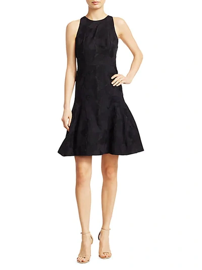 Shop Halston Floral Jacquard Sleeveless Flounce Dress In Black