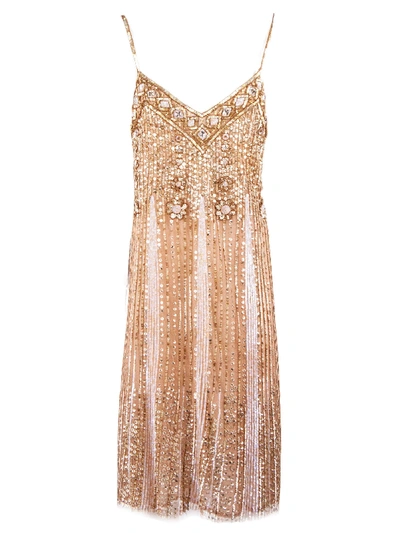Shop Blumarine Slip Dress Sequined Embroidery In Oro+cipria