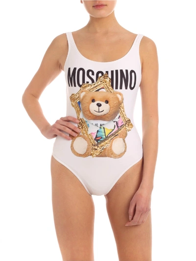 Shop Moschino Bear From Frame Swimsuit In White