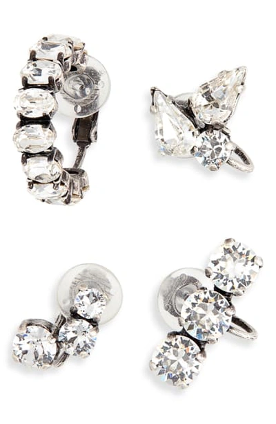 Shop Saint Laurent Mini Bijoux Set Of Four Huggie Earrings In Argent Oxyde/ Crystal