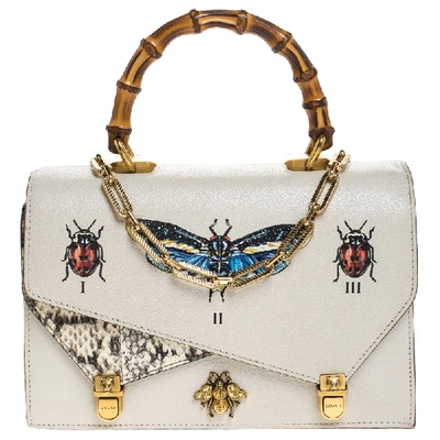 Pre-owned Gucci Cream Python And Leather Ottilia Bee Printed Bamboo Top Handle Bag