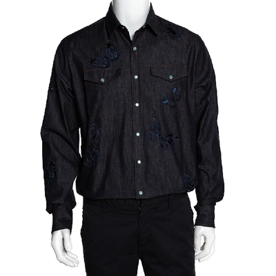Pre-owned Valentino Indigo Denim Butterfly Embroidered Shirt L In Navy Blue