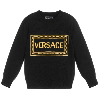 Shop Versace Young  Gold Logo Knitted Jumper In Black