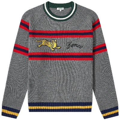 Shop Kenzo Striped Jumping Tiger Knitted Jumper In Grey