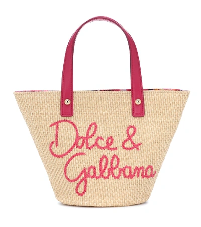 Shop Dolce & Gabbana Embroidered Raffia Tote In Beige