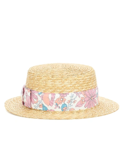 Shop Chloé Floral-trimmed Straw Hat In Beige