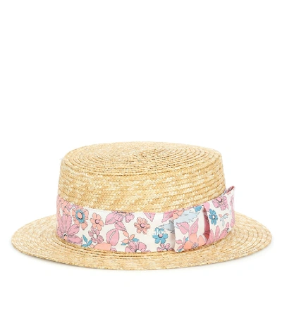 Shop Chloé Floral-trimmed Straw Hat In Beige