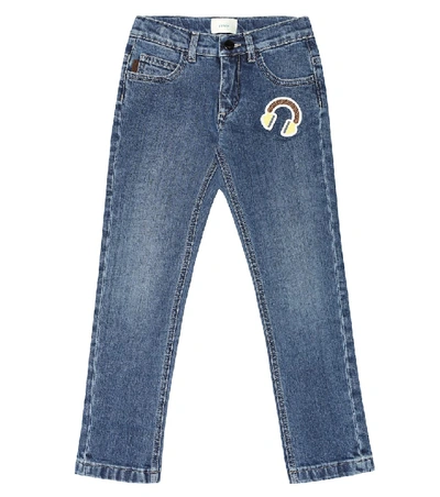 Shop Fendi Appliqué Stretch-denim Jeans In Blue