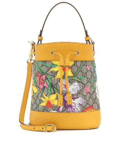 Shop Gucci Ophidia Gg Flora Small Bucket Bag In Yellow