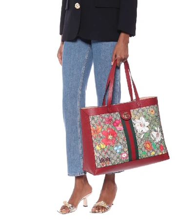 Shop Gucci Ophidia Gg Flora Medium Tote In Red