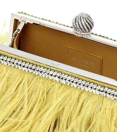 Shop Jimmy Choo Celeste Small Feather-trimmed Clutch In Yellow
