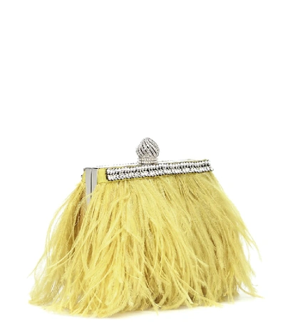 Shop Jimmy Choo Celeste Small Feather-trimmed Clutch In Yellow