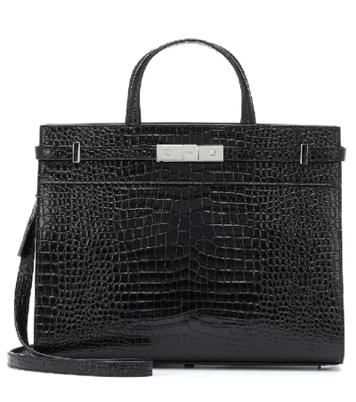 Shop Saint Laurent Manhattan Small Croc-effect Tote In Black