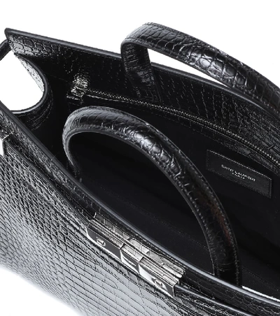 Shop Saint Laurent Manhattan Small Croc-effect Tote In Black