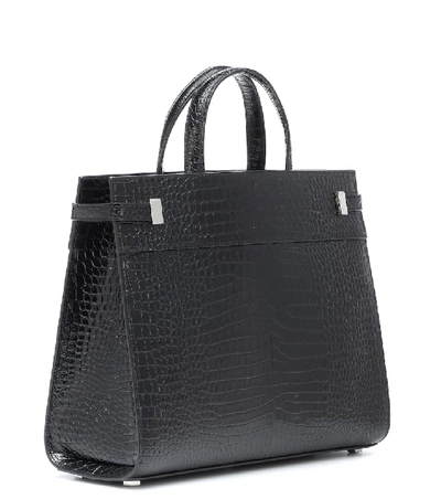 Shop Saint Laurent Manhattan Small Croc-effect Tote In Black