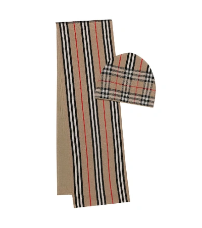 Shop Burberry Icon Stripe Wool Scarf And Hat Set In Beige