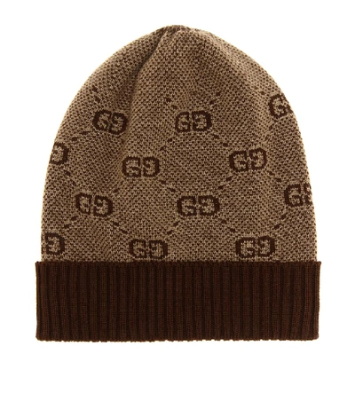 Shop Gucci Baby Gg Wool And Cotton Beanie In Brown