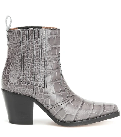 Shop Ganni Western Leather Ankle Boots In Grey