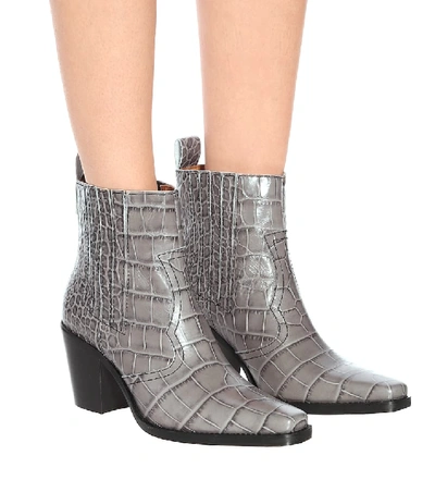 Shop Ganni Western Leather Ankle Boots In Grey