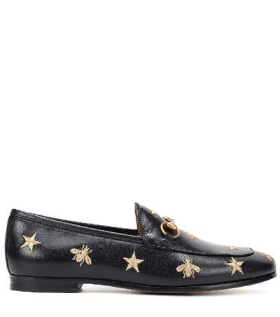Shop Gucci Jordaan Embroidered Leather Loafers In Black