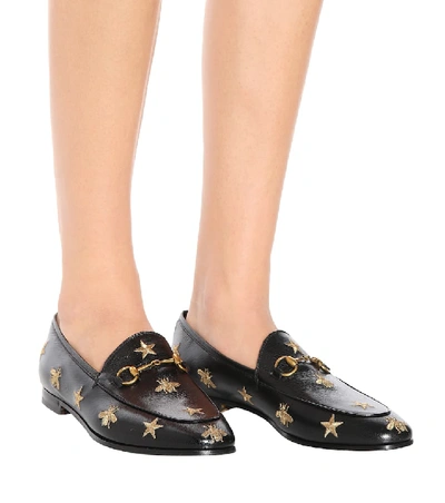 Shop Gucci Jordaan Embroidered Leather Loafers In Black