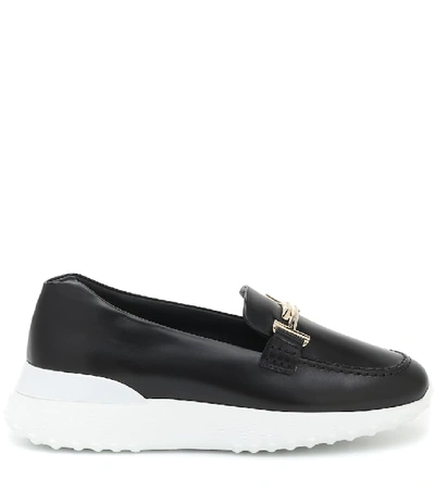 Shop Tod's Double T Leather Loafers In Black