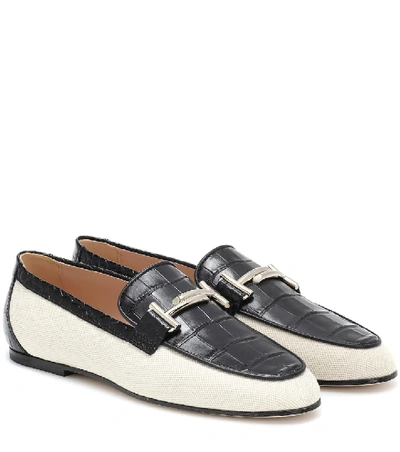 Shop Tod's Double T Canvas And Leather Loafers In Black
