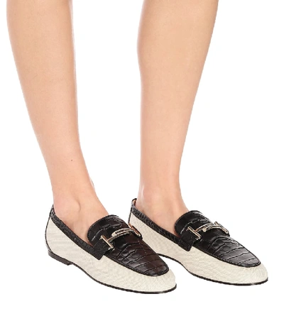 Shop Tod's Double T Canvas And Leather Loafers In Black