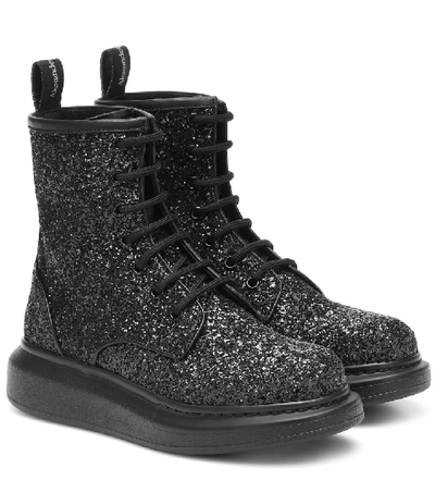 Shop Alexander Mcqueen Glitter Leather Ankle Boots In Black