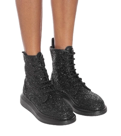 Shop Alexander Mcqueen Glitter Leather Ankle Boots In Black