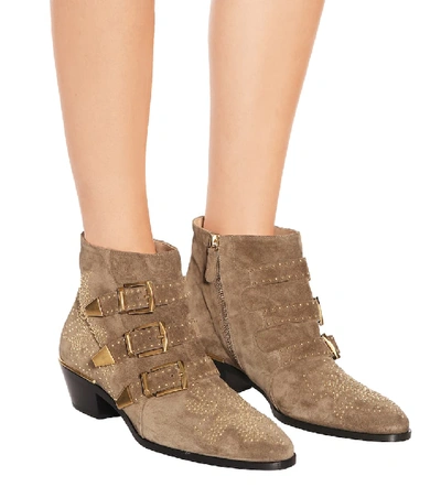Shop Chloé Susanna Studded Suede Ankle Boots In Grey
