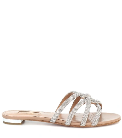 Shop Aquazzura Moondust Embellished Leather Slides In Beige