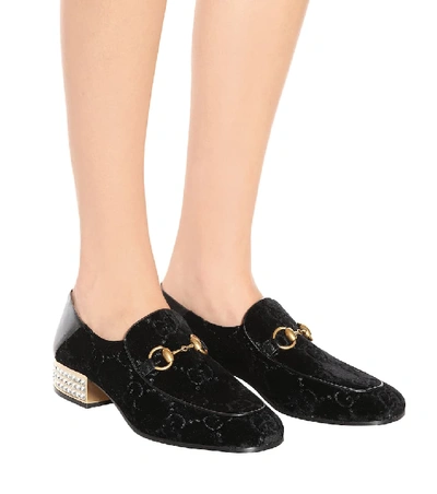 Shop Gucci Horsebit Gg Velvet Loafers In Black
