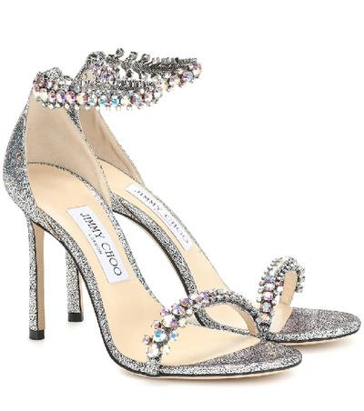 Shop Jimmy Choo Shiloh 100 Embellished Glitter Sandals In Silver