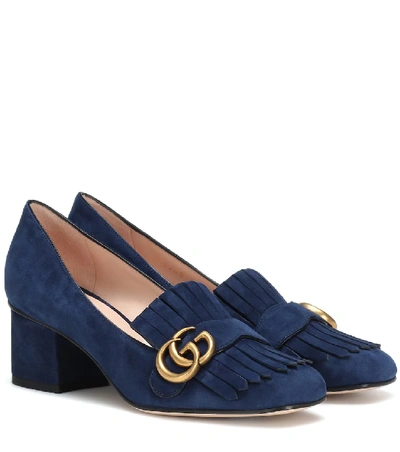 Shop Gucci Marmont Suede Loafer Pumps In Blue