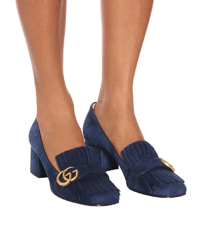 Shop Gucci Marmont Suede Loafer Pumps In Blue