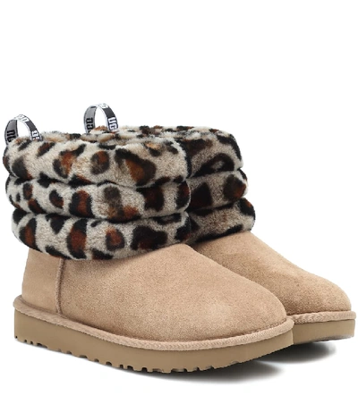 Shop Ugg Fluff Mini Suede Ankle Boots In Beige