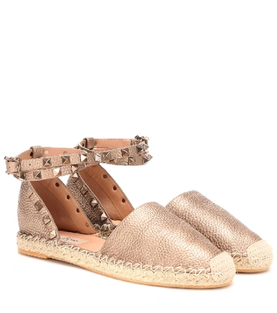 Shop Valentino Rockstud Double Metallic Leather Espadrilles In Gold