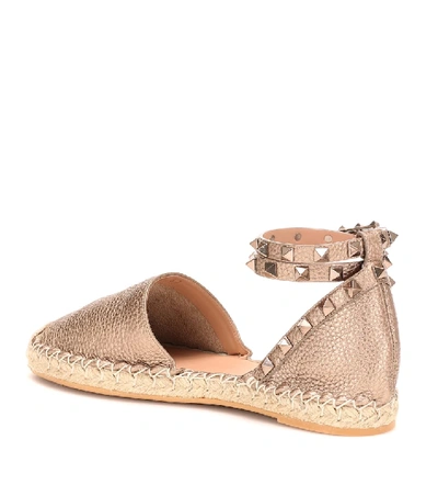 Shop Valentino Rockstud Double Metallic Leather Espadrilles In Gold