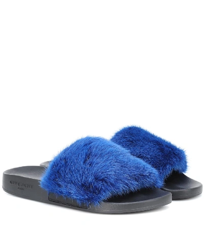 Shop Givenchy Mink Fur Slides In Blue