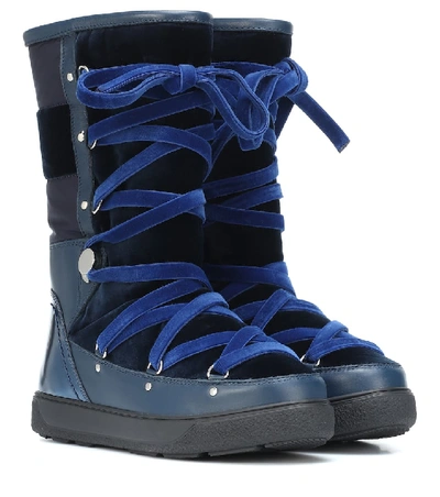 Shop Moncler Velvet And Leather Boots In Blue