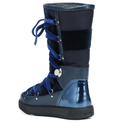 Shop Moncler Velvet And Leather Boots In Blue