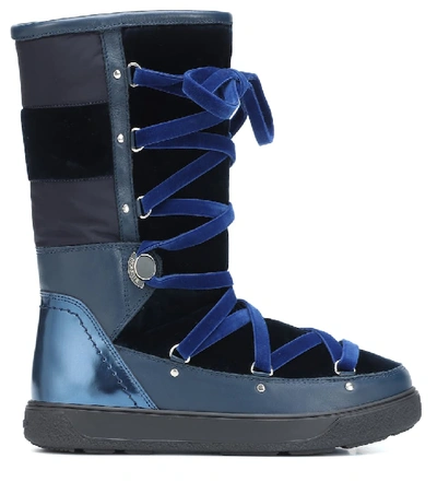 Shop Moncler Velvet And Leather Boots In Blue