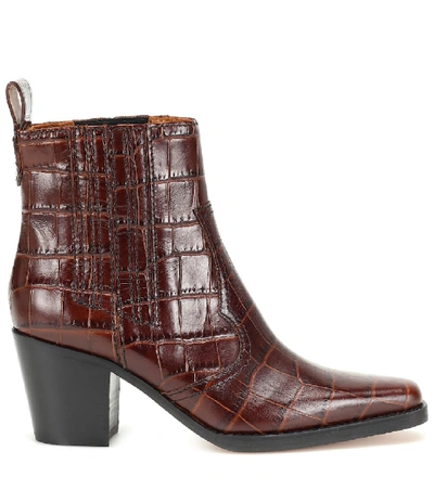 Shop Ganni Croc-effect Leather Ankle Boots In Brown