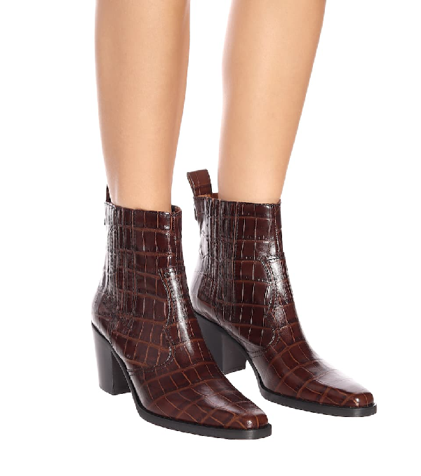 Ganni 70mm Western Croc Embossed Leather Boots In Brown | ModeSens