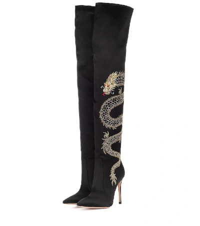 GIANVITO ROSSI DRAGON EMBROIDERED SATIN OVER-THE-KNEE BOOTS P00270403