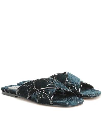 Shop Gucci Gg Leather-trimmed Velvet Slides In Blue