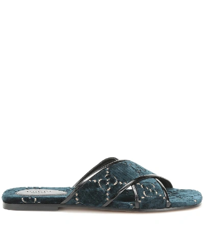 Shop Gucci Gg Leather-trimmed Velvet Slides In Blue