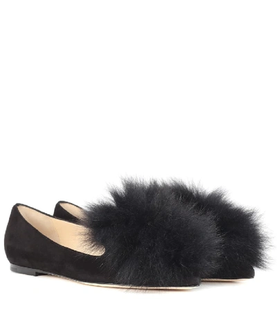 Shop Jimmy Choo Gale Fur-trimmed Suede Ballet Flats In Black