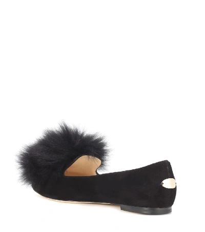 Shop Jimmy Choo Gale Fur-trimmed Suede Ballet Flats In Black